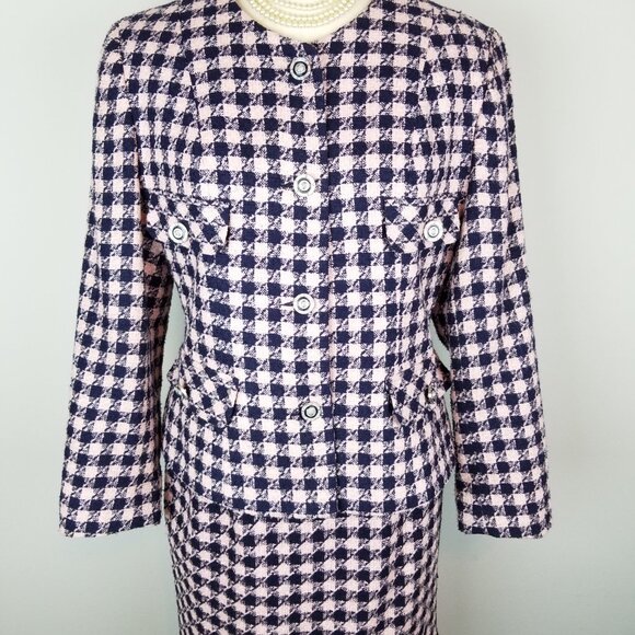 Vintage Blush Pink & Navy Two Piece Skirt Suit Set Designer Inspired * 8 Petite - Picture 3 of 11